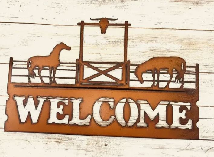 Horses At Fence With Gate Horizontal Welcome Sign